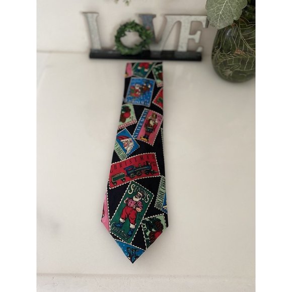 Vintage Addiction 1991 Christmas Santa Postcard Tie 100% Silk Holiday Multi Wide - Picture 15 of 16